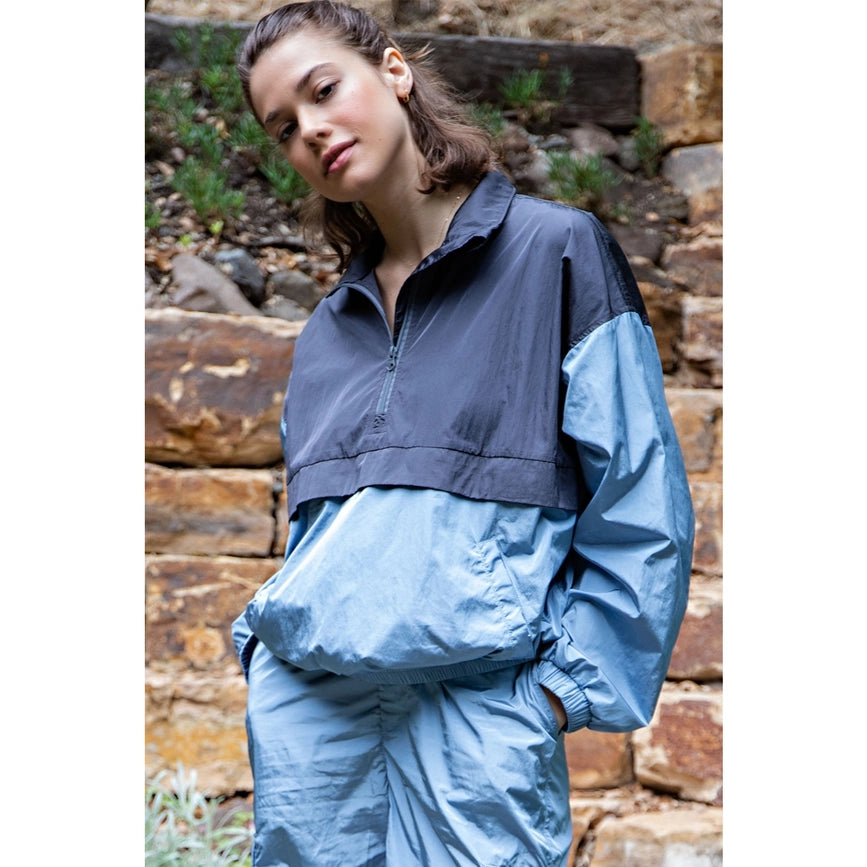 Parachute Half Zip Color Block Pullover Dusty Blue/Charcoal-Pullover-Rae Mode-S-Urbanheer