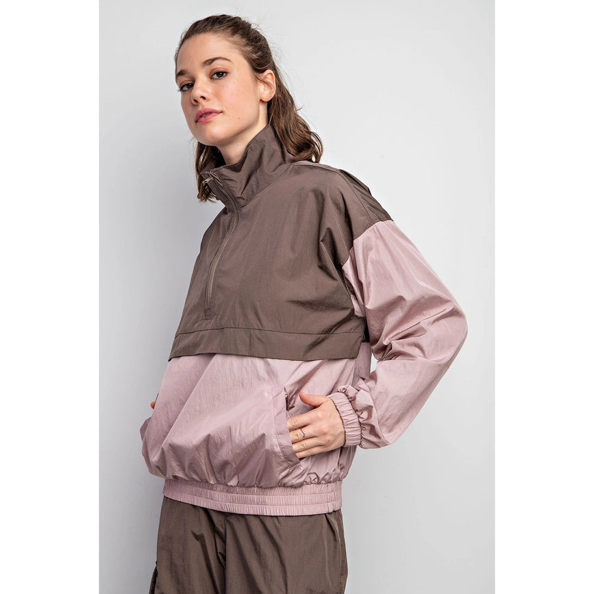 Parachute Half Zip Color Block Pullover Mauve/Brown-Pullover-Rae Mode-S-Urbanheer