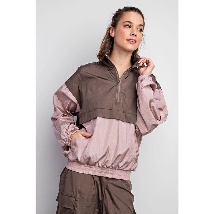 Parachute Half Zip Color Block Pullover Mauve/Brown-Pullover-Rae Mode-S-Urbanheer