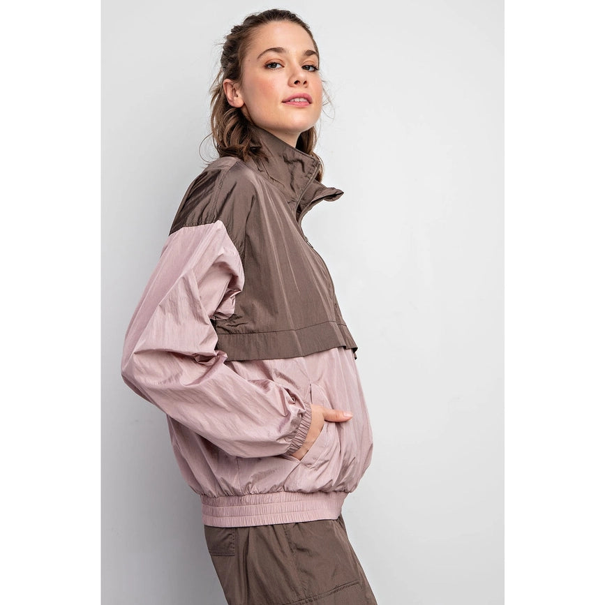 Parachute Half Zip Color Block Pullover Mauve/Brown-Pullover-Rae Mode-S-Urbanheer