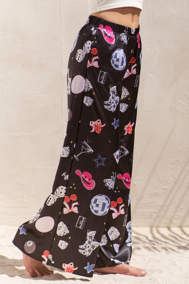 Party Collage Satin Pants Black-Pants-JADE BY JANE-S-Black-Urbanheer