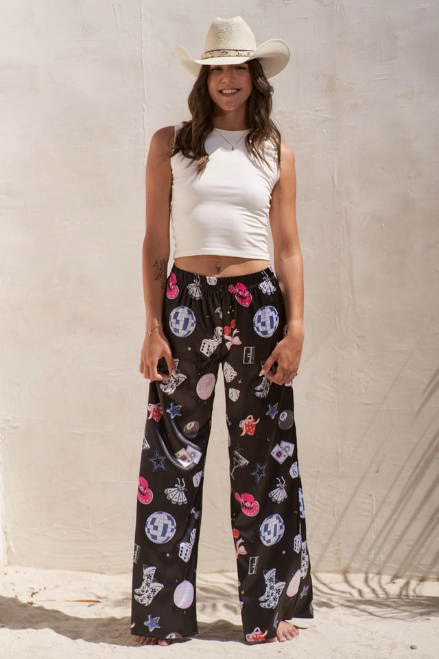 Party Collage Satin Pants Black-Pants-JADE BY JANE-S-Black-Urbanheer