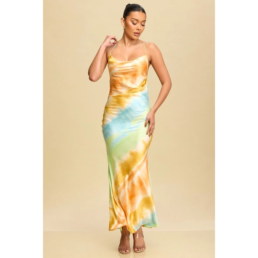 Pastel Tie-Dye Cowl Neck Maxi Dress-Dress-Luxxel-S-GREEN MULTI-Urbanheer