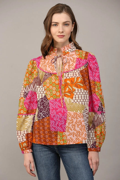 Patchwork Print Piping Detail Blouse-Blouse-FATE-S-FUCHSIA/ORANGE/PURPLE-Urbanheer
