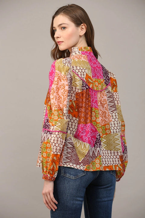 Patchwork Print Piping Detail Blouse-Blouse-FATE-S-FUCHSIA/ORANGE/PURPLE-Urbanheer