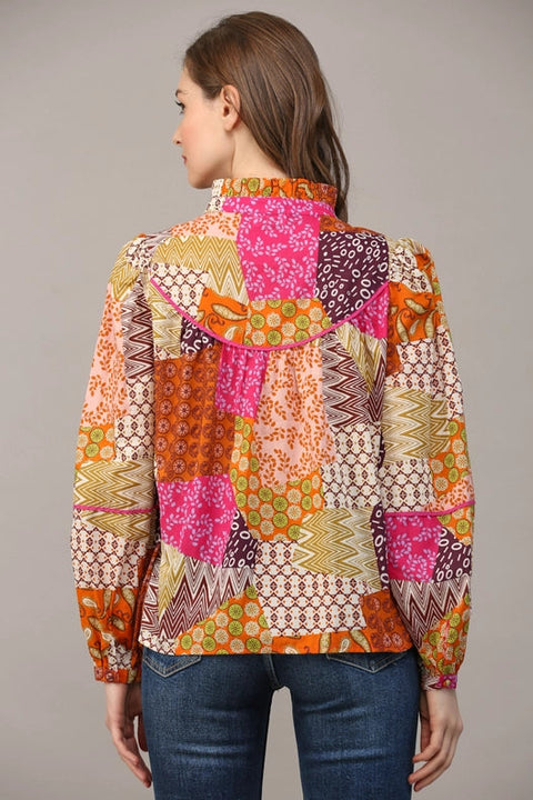 Patchwork Print Piping Detail Blouse-Blouse-FATE-S-FUCHSIA/ORANGE/PURPLE-Urbanheer
