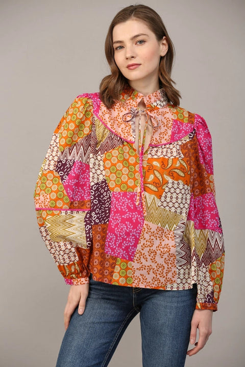 Patchwork Print Piping Detail Blouse-Blouse-FATE-S-FUCHSIA/ORANGE/PURPLE-Urbanheer