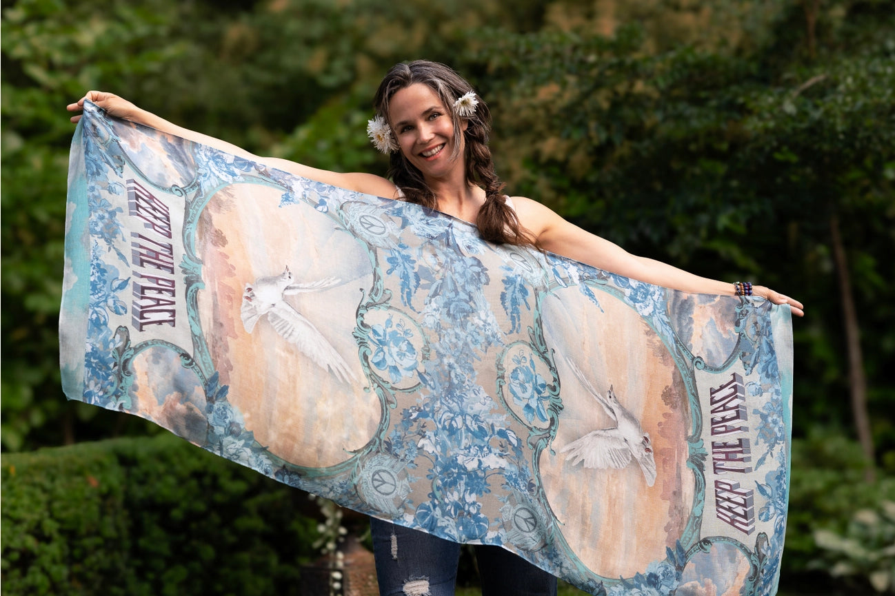 Peace Out Scarf with Doves and Sunrise-Scarfs-Market of Stars-68cm x 155cm.-Urbanheer