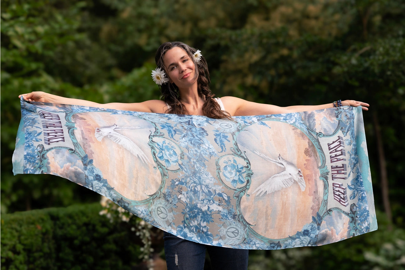 Peace Out Scarf with Doves and Sunrise-Scarfs-Market of Stars-68cm x 155cm.-Urbanheer