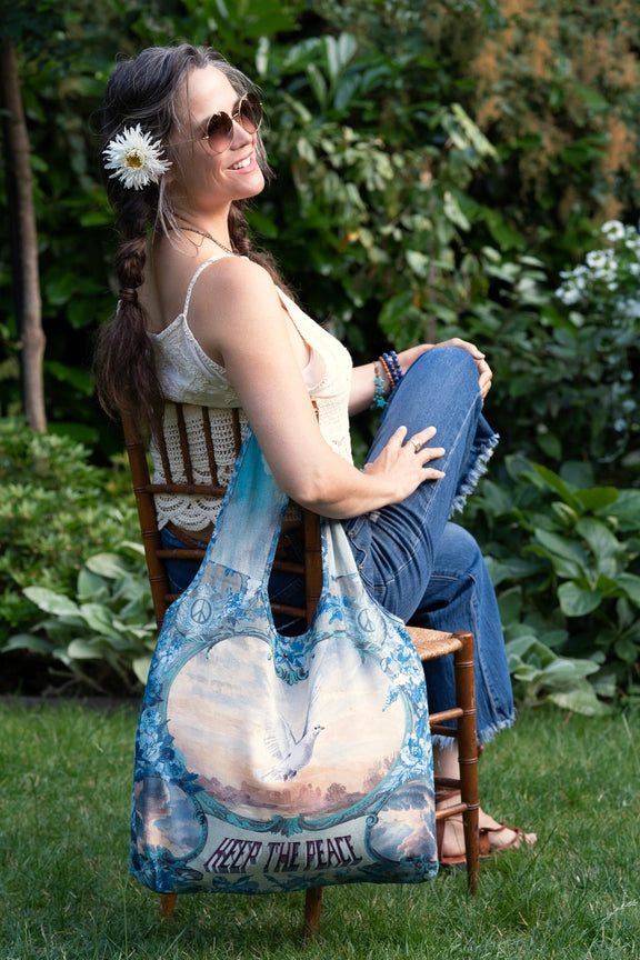 Peace Out Turquoise Linen Tote Bag with Doves and Sunrise-Tote Bags-Market of Stars-width 47cm height 42cm (without strap).-Urbanheer