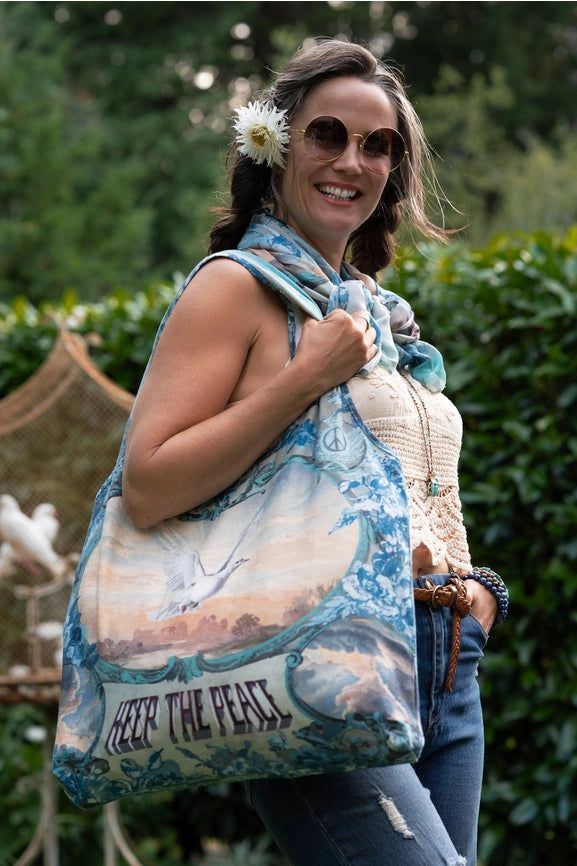 Peace Out Turquoise Linen Tote Bag with Doves and Sunrise-Tote Bags-Market of Stars-width 47cm height 42cm (without strap).-Urbanheer