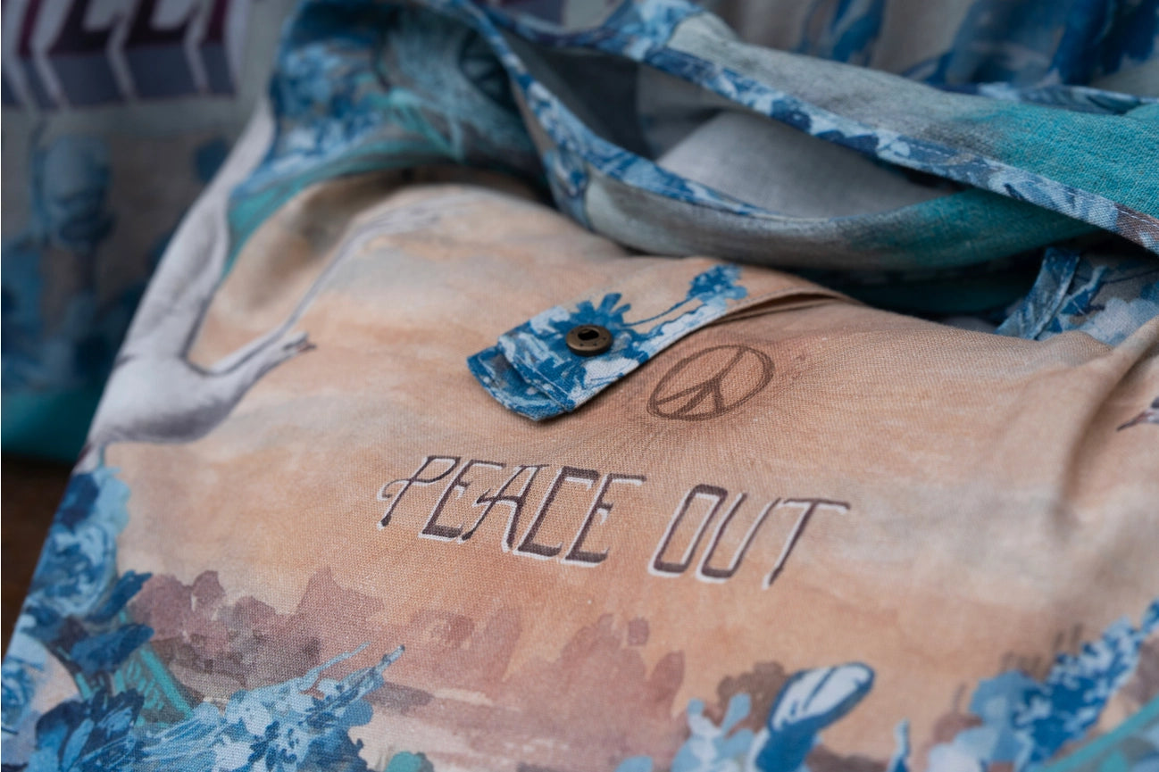 Peace Out Turquoise Linen Tote Bag with Doves and Sunrise-Tote Bags-Market of Stars-width 47cm height 42cm (without strap).-Urbanheer