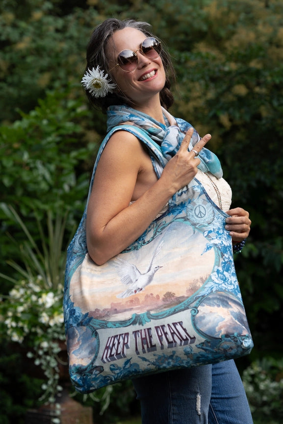 Peace Out Turquoise Linen Tote Bag with Doves and Sunrise-Tote Bags-Market of Stars-width 47cm height 42cm (without strap).-Urbanheer