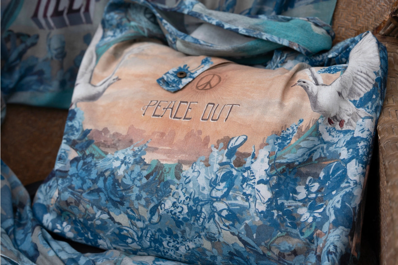 Peace Out Turquoise Linen Tote Bag with Doves and Sunrise-Tote Bags-Market of Stars-width 47cm height 42cm (without strap).-Urbanheer