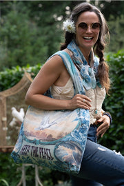 Peace Out Turquoise Linen Tote Bag with Doves and Sunrise-Tote Bags-Market of Stars-width 47cm height 42cm (without strap).-Urbanheer
