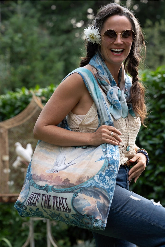 Peace Out Turquoise Linen Tote Bag with Doves and Sunrise-Tote Bags-Market of Stars-width 47cm height 42cm (without strap).-Urbanheer