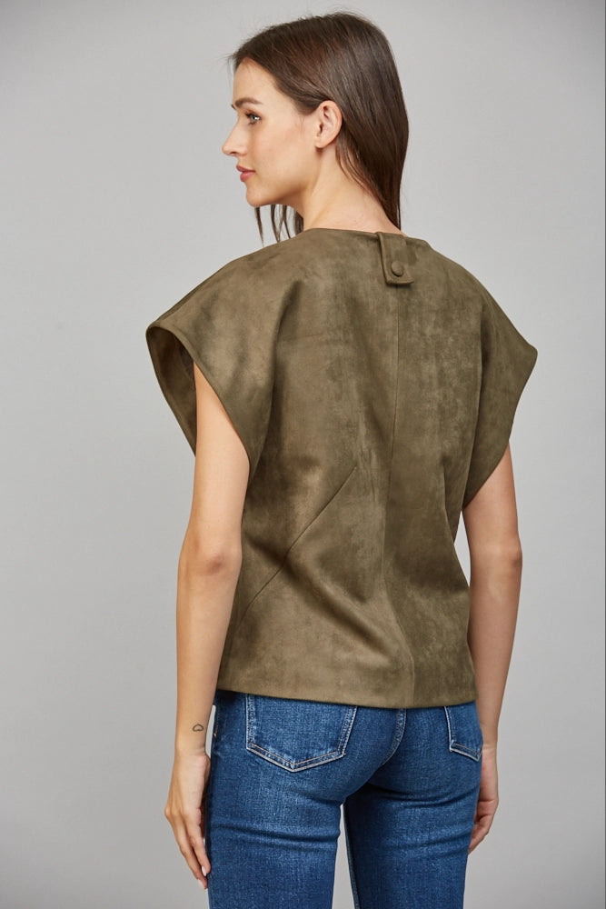 Pearl Button Structured Slv Faux Suede Vest