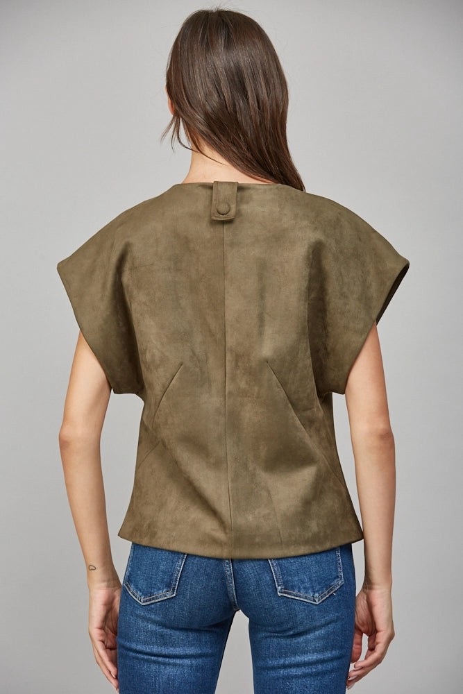 Pearl Button Structured Slv Faux Suede Vest