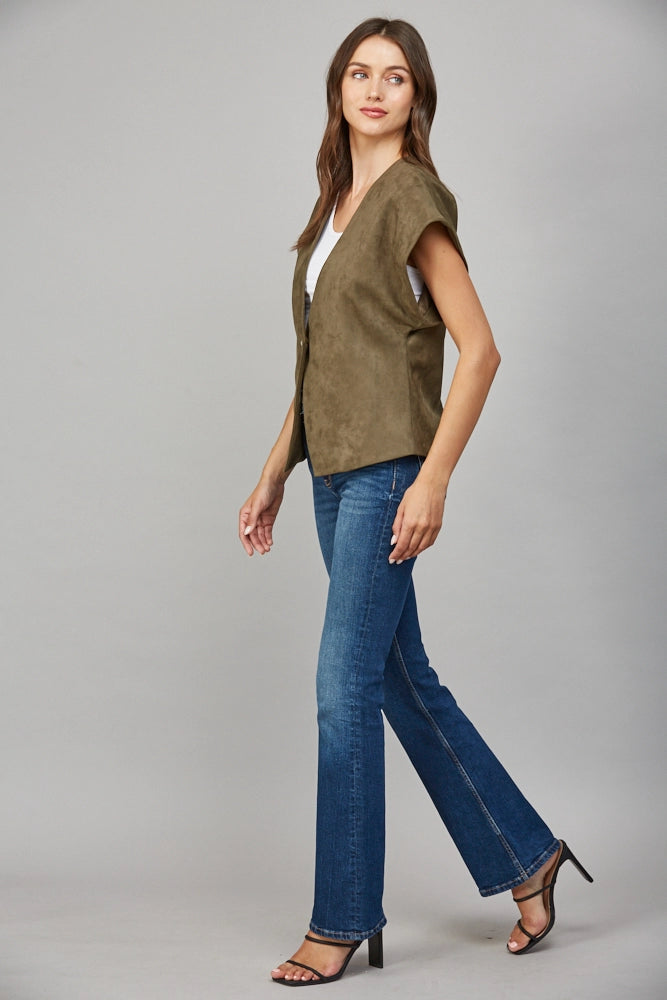 Pearl Button Structured Slv Faux Suede Vest