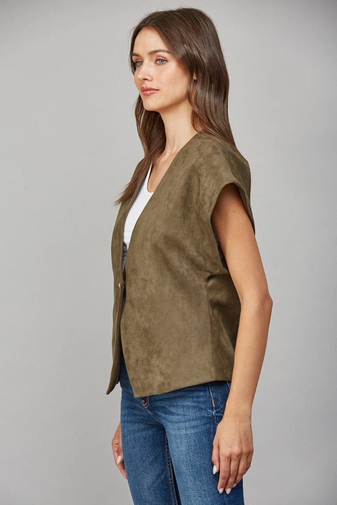 Pearl Button Structured Slv Faux Suede Vest
