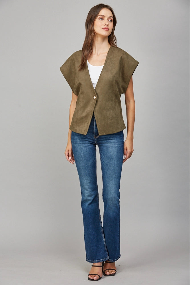 Pearl Button Structured Slv Faux Suede Vest