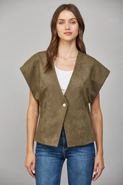 Pearl Button Structured Slv Faux Suede Vest