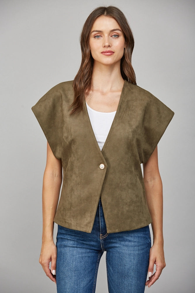Pearl Button Structured Slv Faux Suede Vest