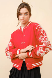 Pearl Embellished Bomber Jacket-Jacket-Blue B-S-CHEERY RED-Urbanheer