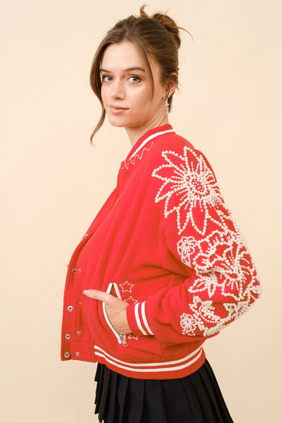Pearl Embellished Bomber Jacket-Jacket-Blue B-S-CHEERY RED-Urbanheer