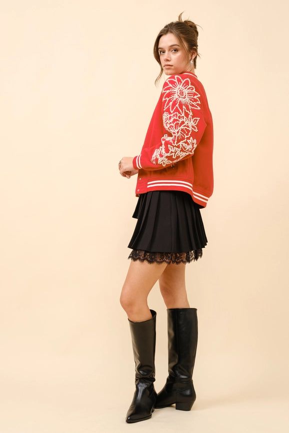 Pearl Embellished Bomber Jacket-Jacket-Blue B-S-CHEERY RED-Urbanheer