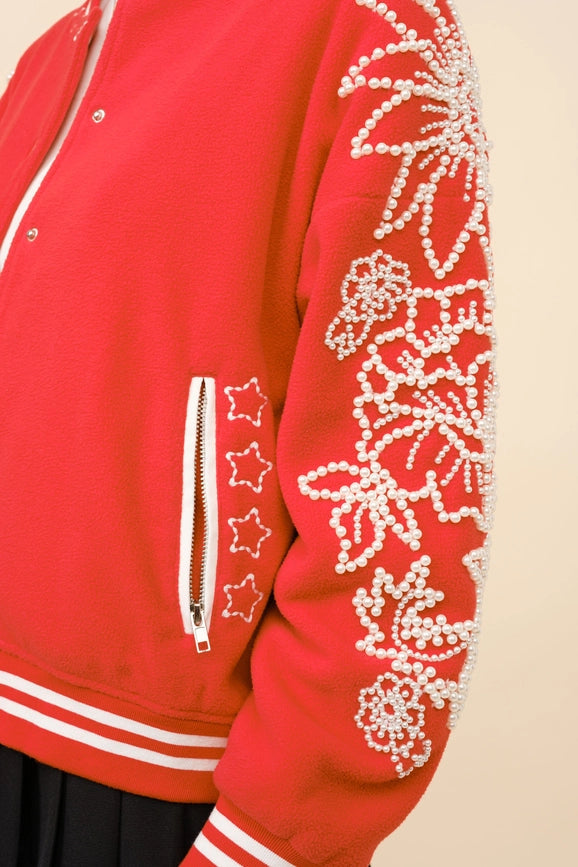 Pearl Embellished Bomber Jacket-Jacket-Blue B-S-CHEERY RED-Urbanheer