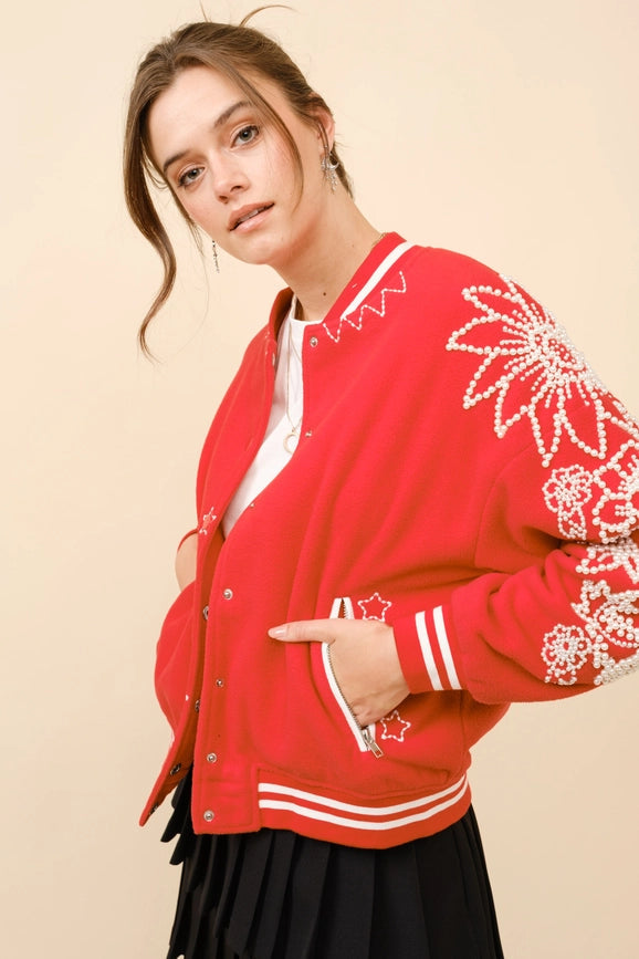 Pearl Embellished Bomber Jacket-Jacket-Blue B-S-CHEERY RED-Urbanheer