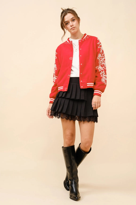 Pearl Embellished Bomber Jacket-Jacket-Blue B-S-CHEERY RED-Urbanheer
