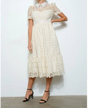 Pearl Embellished Collar Lace Midi Dress IVORY-Dress-INA-S-IVORY-Urbanheer