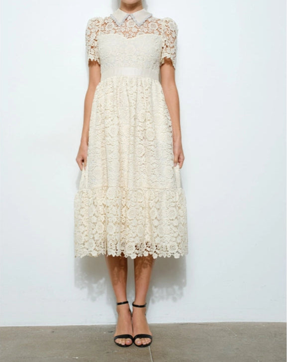 Pearl Embellished Collar Lace Midi Dress IVORY-Dress-INA-S-IVORY-Urbanheer
