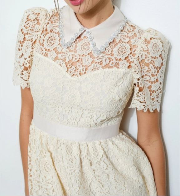 Pearl Embellished Collar Lace Midi Dress IVORY-Dress-INA-S-IVORY-Urbanheer