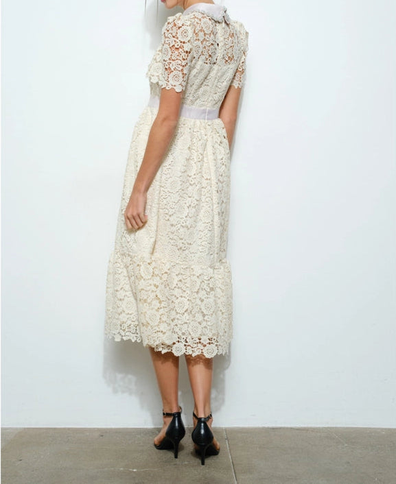 Pearl Embellished Collar Lace Midi Dress IVORY-Dress-INA-S-IVORY-Urbanheer