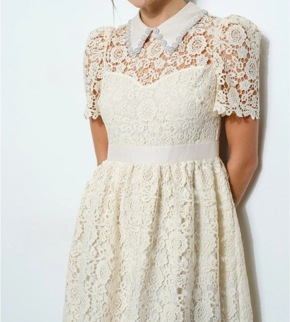 Pearl Embellished Collar Lace Midi Dress IVORY-Dress-INA-S-IVORY-Urbanheer