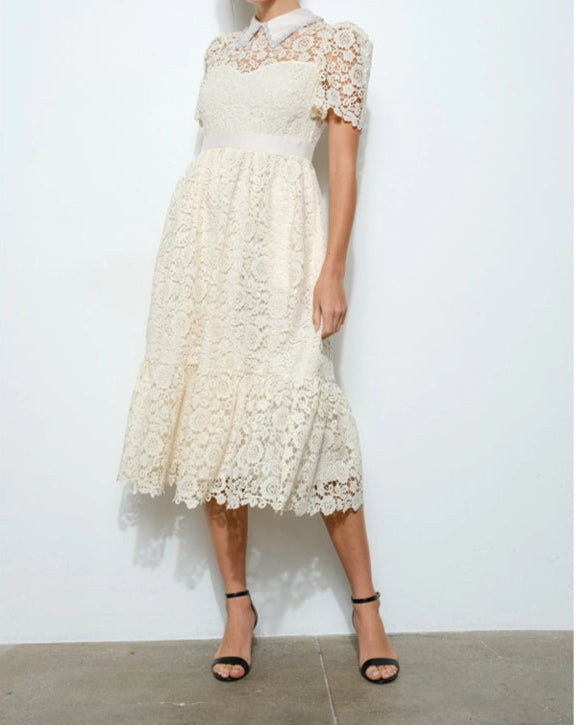 Pearl Embellished Collar Lace Midi Dress IVORY-Dress-INA-S-IVORY-Urbanheer