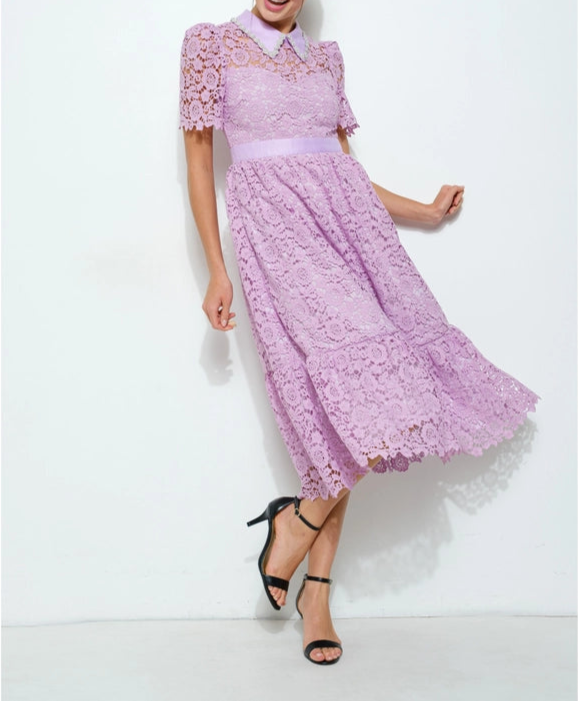 Pearl Embellished Collar Lace Midi Dress NEON PURPLE-Dress-INA-S-NEON PURPLE-Urbanheer