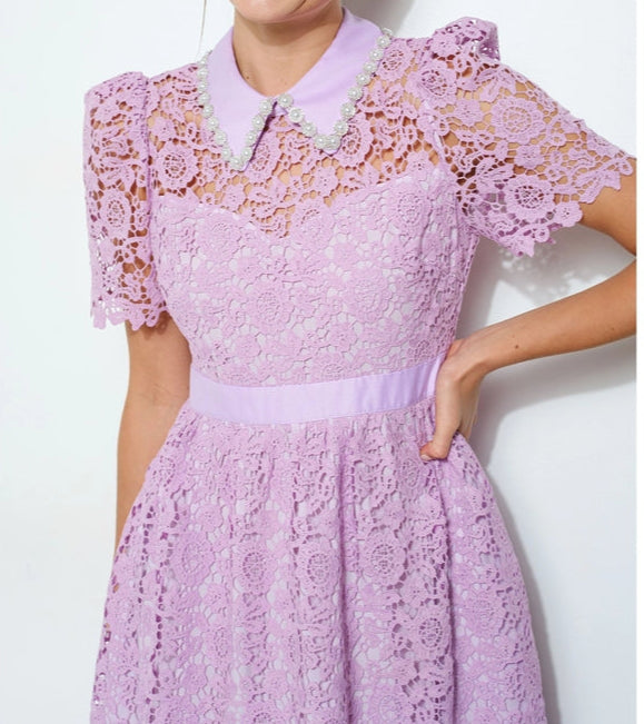 Pearl Embellished Collar Lace Midi Dress NEON PURPLE-Dress-INA-S-NEON PURPLE-Urbanheer