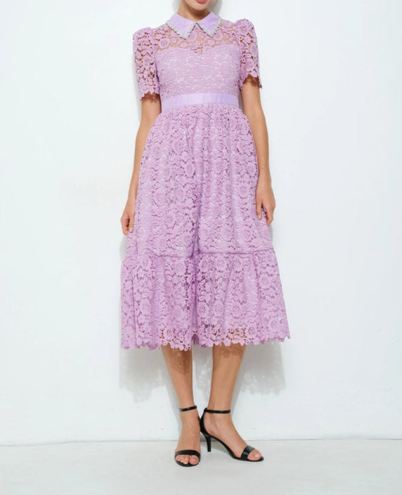 Pearl Embellished Collar Lace Midi Dress NEON PURPLE-Dress-INA-S-NEON PURPLE-Urbanheer
