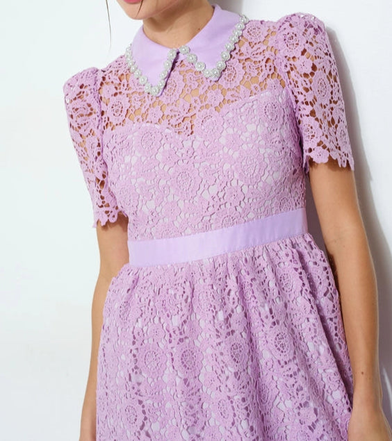 Pearl Embellished Collar Lace Midi Dress NEON PURPLE-Dress-INA-S-NEON PURPLE-Urbanheer