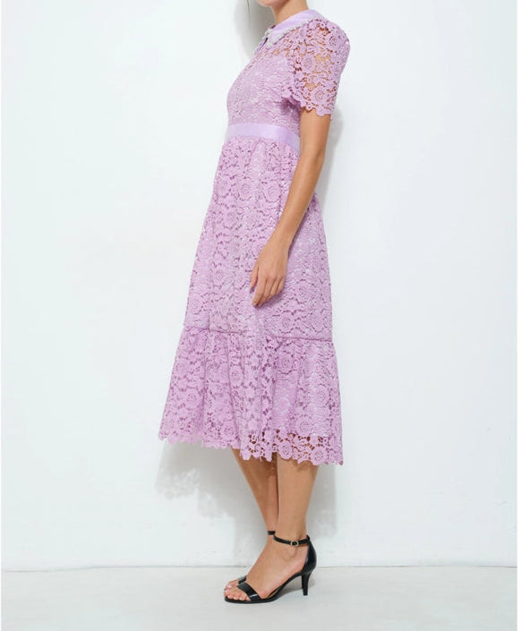 Pearl Embellished Collar Lace Midi Dress NEON PURPLE-Dress-INA-S-NEON PURPLE-Urbanheer