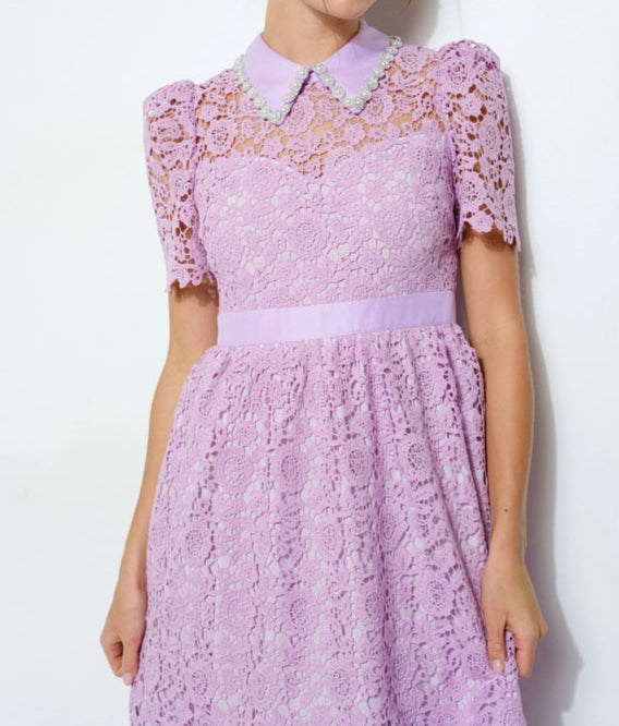 Pearl Embellished Collar Lace Midi Dress NEON PURPLE-Dress-INA-S-NEON PURPLE-Urbanheer