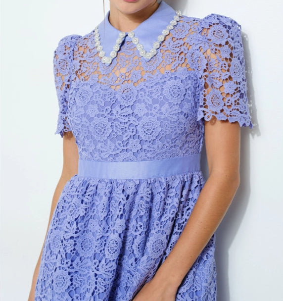 Pearl Embellished Collar Lace Midi Dress PURPLE BLUE-Dress-INA-S-PURPLE BLUE-Urbanheer