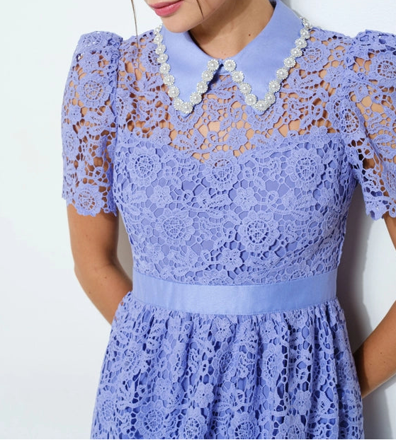 Pearl Embellished Collar Lace Midi Dress PURPLE BLUE-Dress-INA-S-PURPLE BLUE-Urbanheer