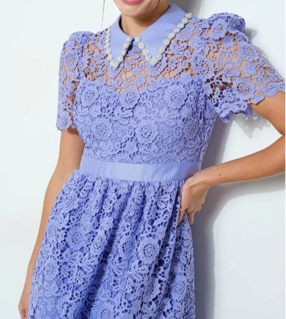 Pearl Embellished Collar Lace Midi Dress PURPLE BLUE-Dress-INA-S-PURPLE BLUE-Urbanheer