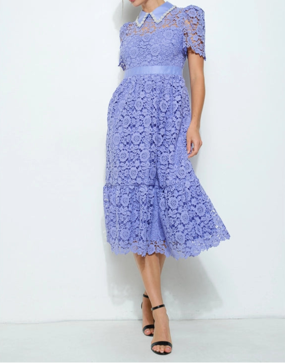 Pearl Embellished Collar Lace Midi Dress PURPLE BLUE-Dress-INA-S-PURPLE BLUE-Urbanheer