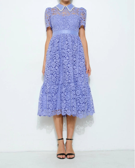Pearl Embellished Collar Lace Midi Dress PURPLE BLUE-Dress-INA-S-PURPLE BLUE-Urbanheer